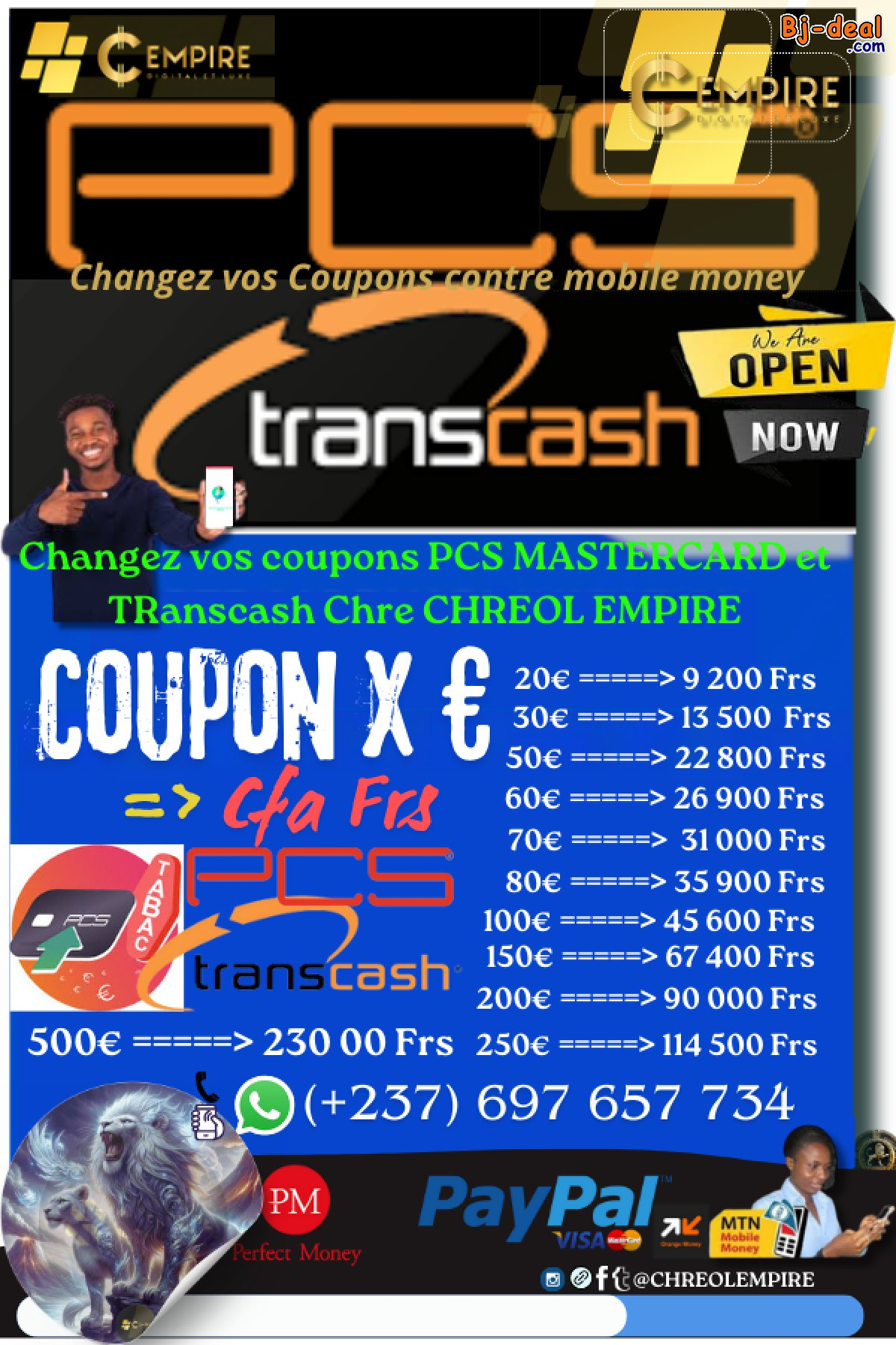 Image principale de Changez vos coupons pcs chez CHREOL en CFA XAF.