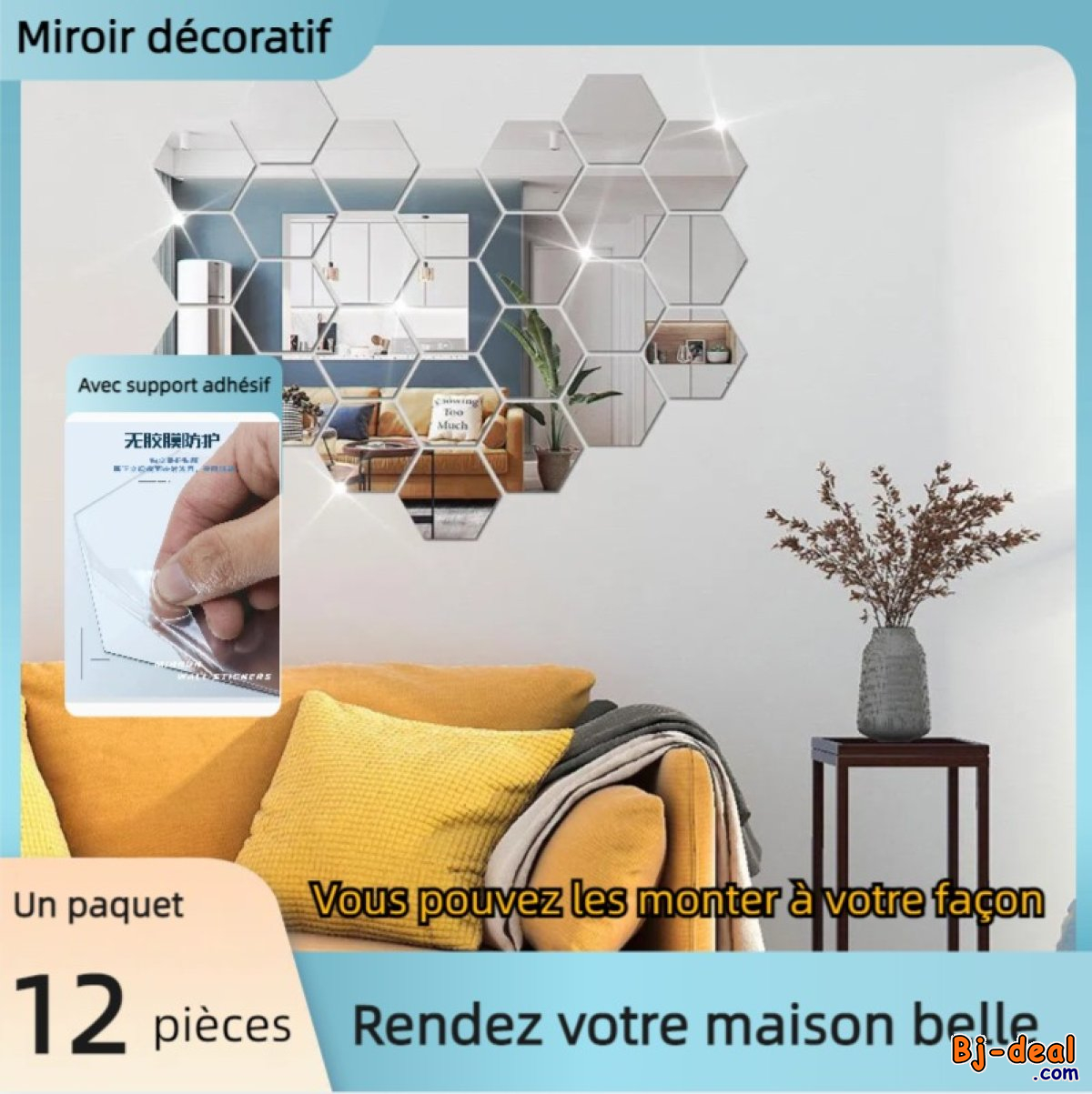 Image principale de MIROIR DECORATIF AVEC SUPPORT ADHESIF (12 PIECES)