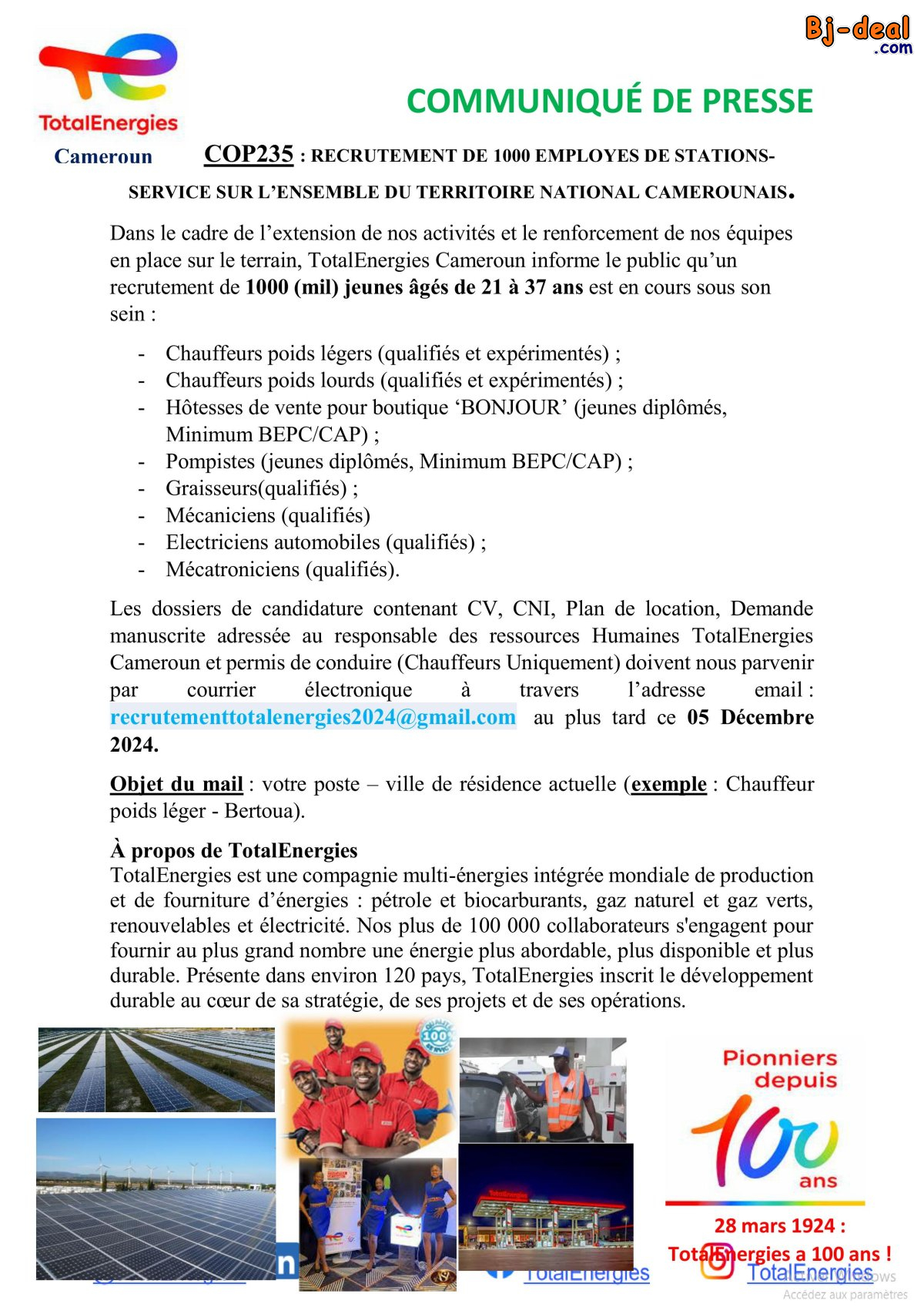 Image principale de TotalEnergies fete ses 100 ans et recrute 1000 employés de stations services au cameroun