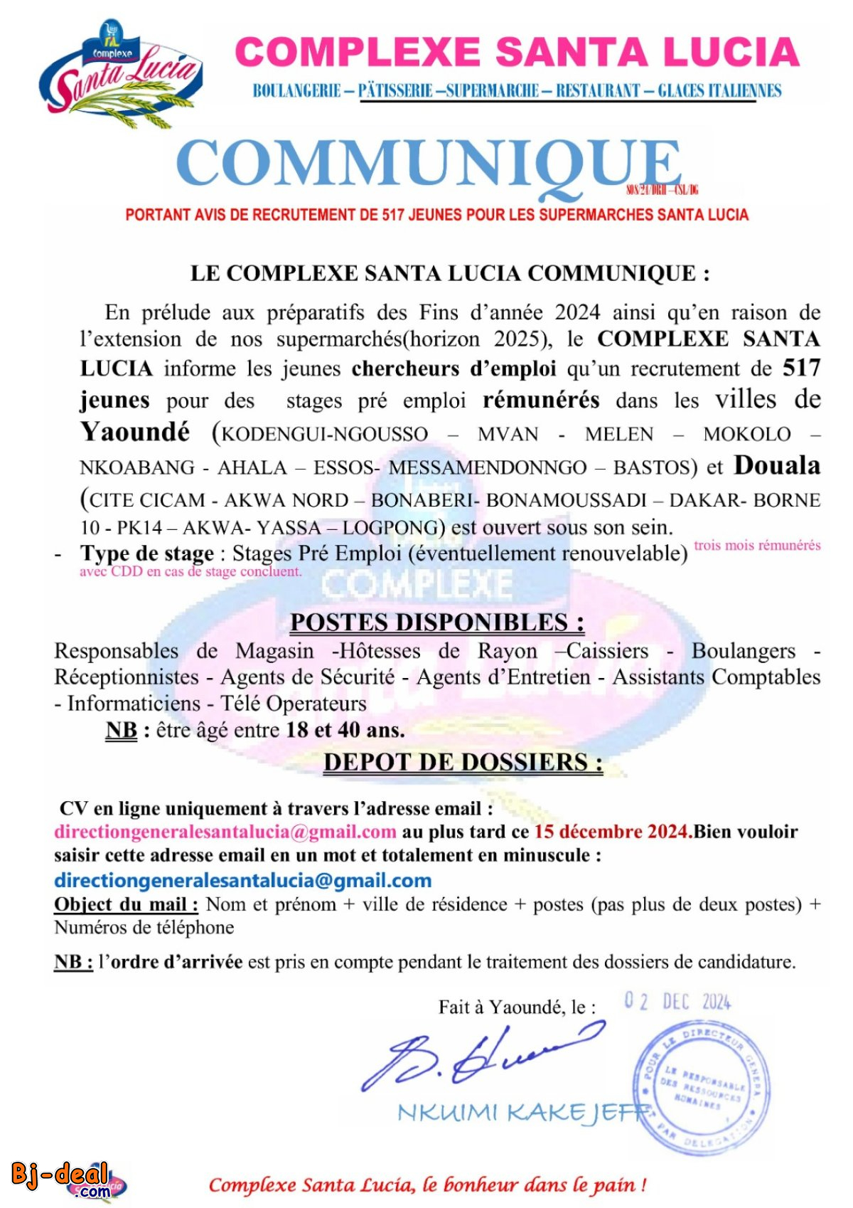 Image principale de AVIS DE RECRUTEMENT CHEZ SANTA LUCIA
