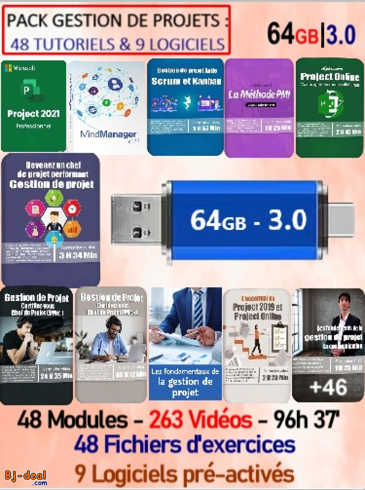 Image principale de Clé USB 64 GB 3.0 - pack cours gestion de projets + 96h 37min.