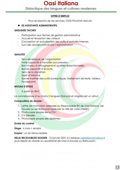 Image principale de OASI ITALIANA RECRUTE DEUX ASSISTANTS ADMINIS